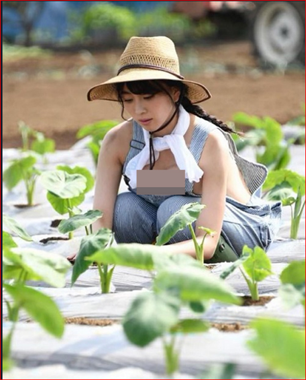 Hóa thân thành thôn nữ, người đẹp sinh năm 1992 chọn set đồ “bung toang” gồm quần yếm kết hợp với bra. Rất chu đáo chuẩn bị khăn trắng để lau mồ hôi khi mệt mỏi song cô nàng lại quên che chắn cơ thể khỏi ánh nắng mặt trời.