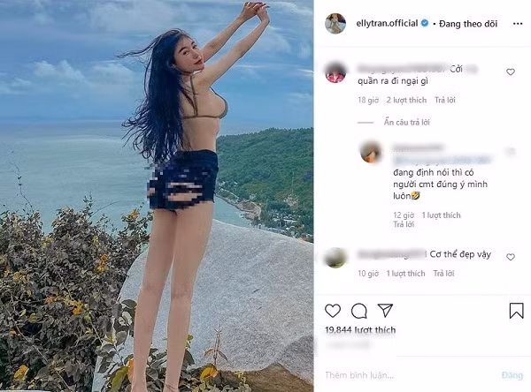 Hotmom tự tin tạo dáng với chiếc quần hotpants bên trong không phòng hộ. Bên cạnh lời khen cho vóc dáng nuột nà, đôi chân dài thẳng tắp, Elly Trần khiến không ít người thắc mắc chiếc quần “mặc để làm gì”.