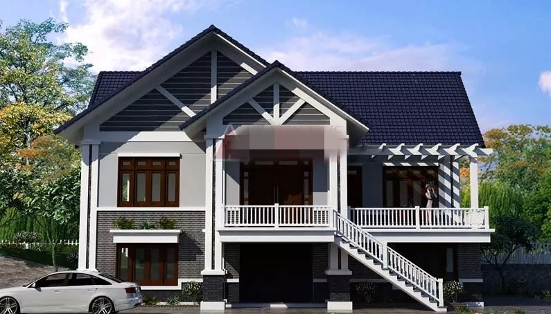 Nhà sàn mái thái hiện đại sở hữu ngoại thất tinh tế với 2 gam màu trắng xám. Ảnh: Angcovat