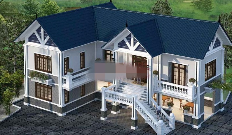 Mẫu thiết kế nhà 2 tầng kiểu nhà sàn 150m2 mái thái. Chân cột được đặt trên tảng đá giúp cho công trình trở nên bề thế hơn, khang trang hơn. Ảnh: Angocvat