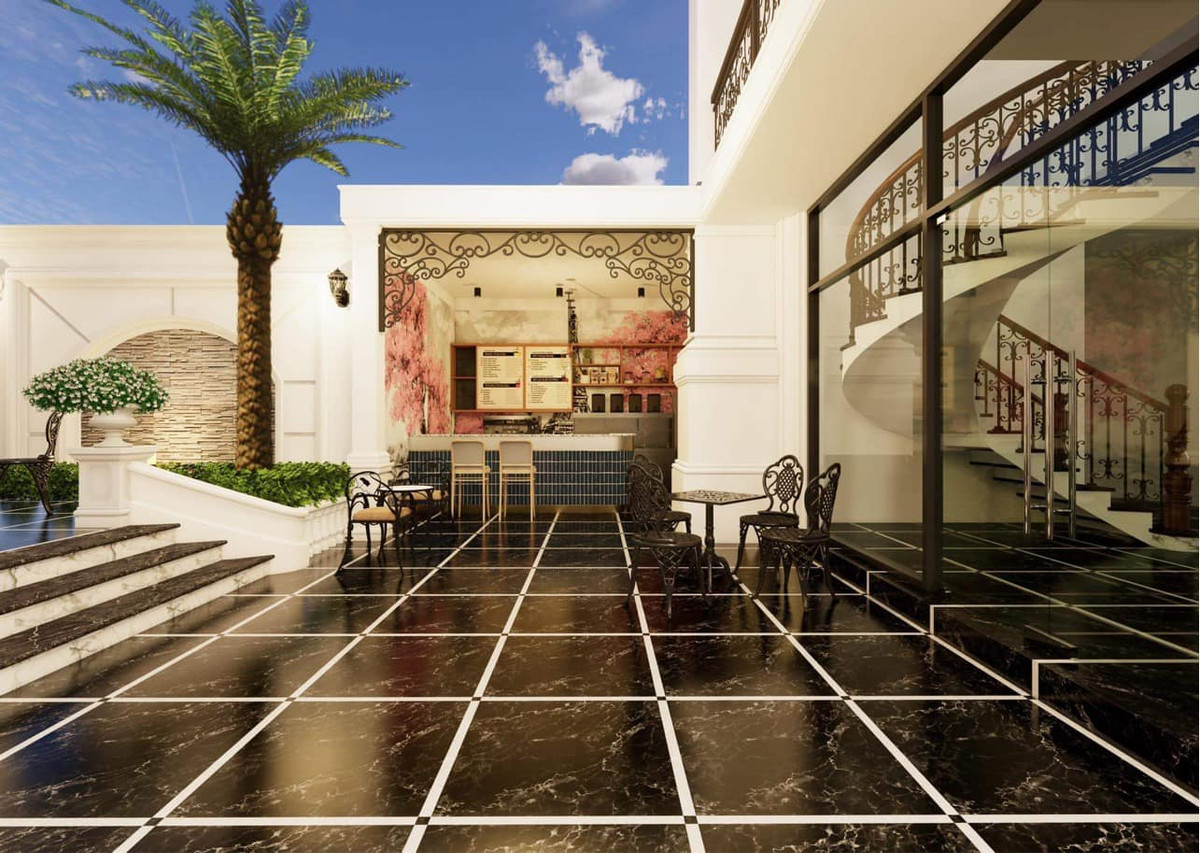 Sàn nhà và khu vực sân được ốp gạch sáng bóng.