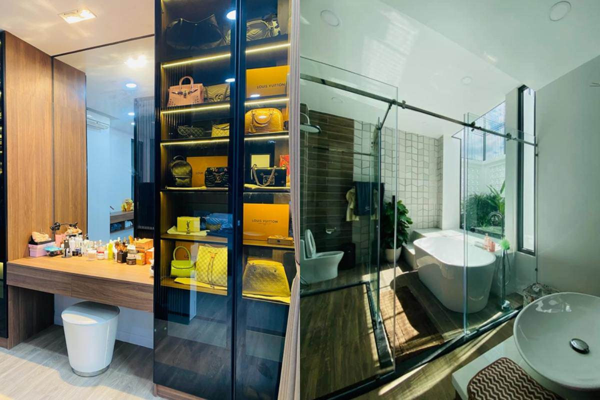 Trong phòng ngủ có tủ đựng túi xách cho Hải Băng. Phòng tắm cũng được chăm chút tỉ mỉ, sang trọng như khách sạn.