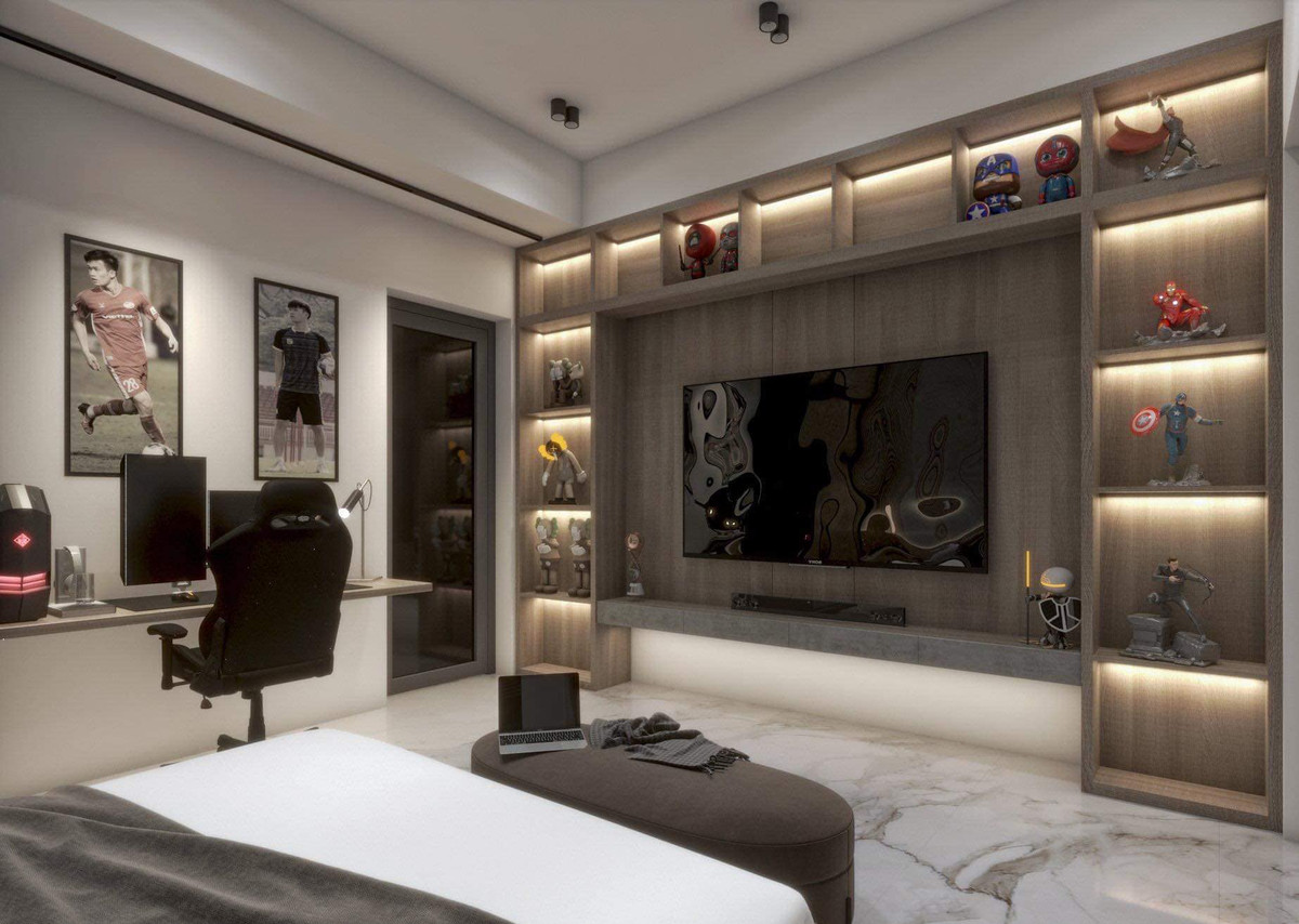 Ban ngày, phòng ngủ của Hoàng Đức tràn ngập ánh sáng tự nhiên. Vào buổi đêm, ánh đèn vàng kết hợp cùng không gian nội thất gỗ cho cảm giác ấm cúng. Ảnh: FBNV