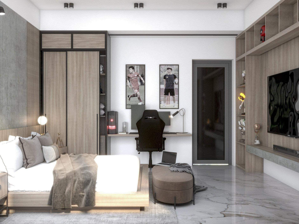 Phòng rộng khoảng 16 mét vuông, bao gồm 1 giường đôi, tủ quần áo, bàn máy tính với dàn máy rất "chất" và TV màn hình lớn.