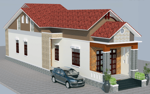 Ngoài mái thái đỏ, căn nhà còn nổi bật bởi cách phối màu khá mới lạ với sắc trắng, nâu, xám và cam. Ảnh: Wedo