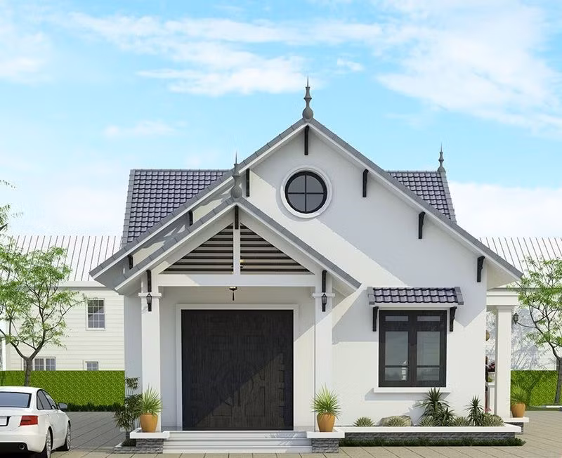  Nhà cấp 4 6x20m được thiết kế theo cấu trúc hiện đại với không gian mở. Bậc thềm cùng 2 trụ chính phía trước mang đến vẻ đẹp khoẻ khoắn. Ảnh: Wedo