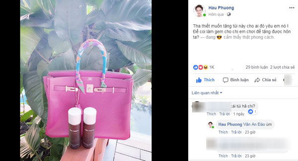 Năm 2019, Hoa hậu Phương Lê gây xôn xao khi không ngại tặng ngay cho bạn mới quen qua facebook túi xách Hermes. Ảnh: Yan