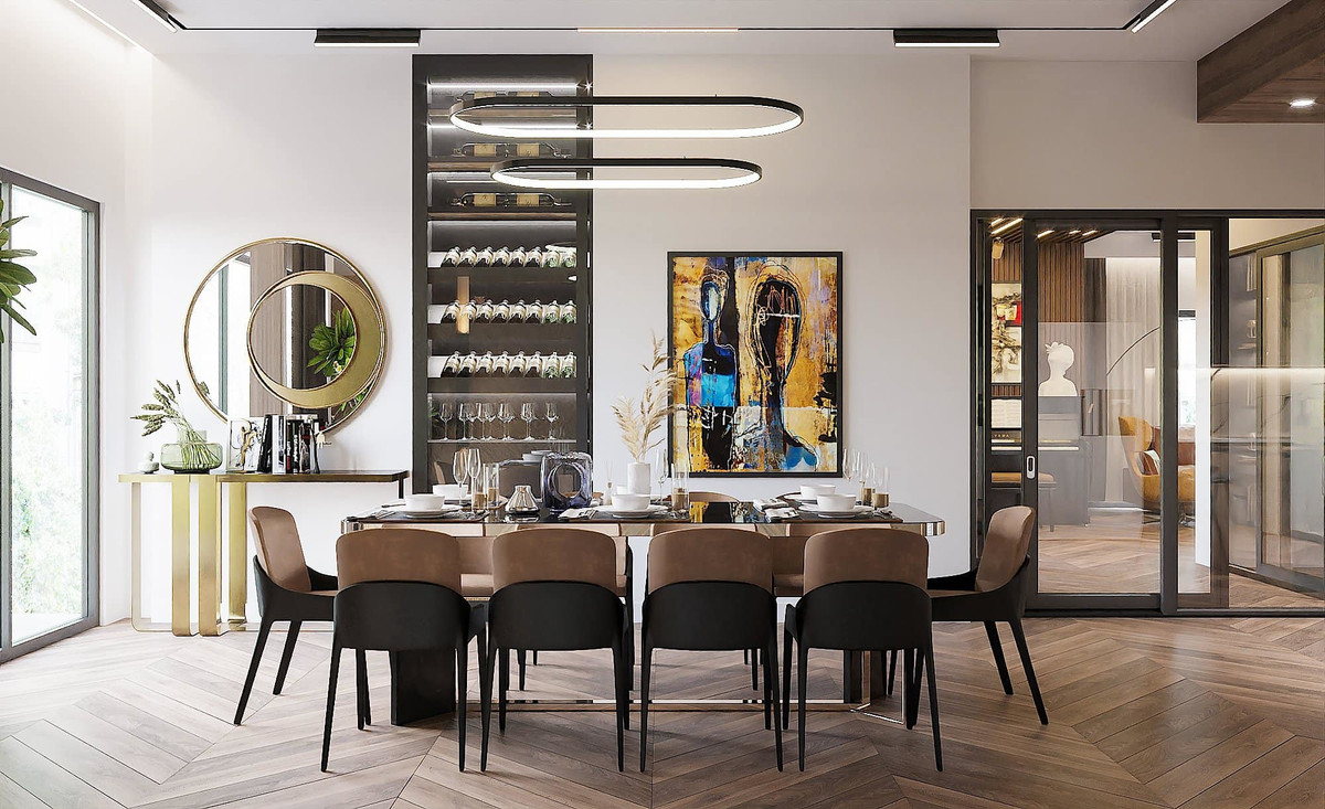 Liền kề không gian phòng khách là bộ bàn ăn đủ cho cả chục người. Ảnh: FBNV