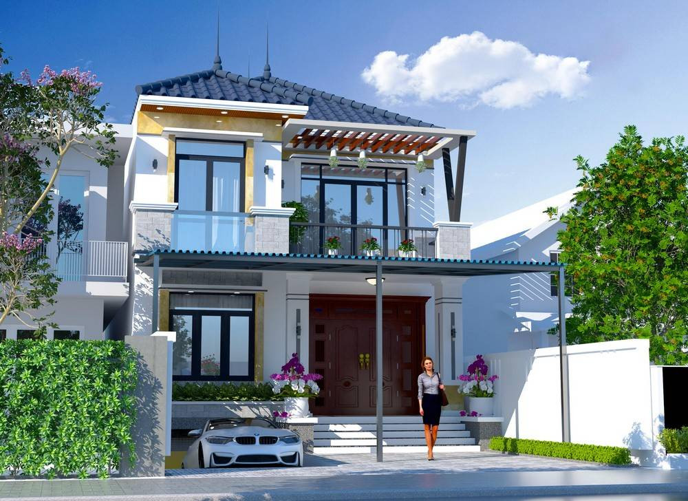 Nhà 2 tầng 1 hầm ấn tượng với phong cách tân cổ điển cùng hệ mái ngói Nhật xanh đẹp mắt. Kiến trúc đối xứng các tầng cùng hệ thống cửa kính mang đến vẻ đẹp thanh thoát. Ảnh: Wedo