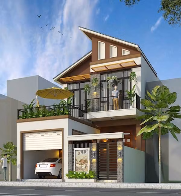 Nhà 2 tầng được thiết kế theo phong cách mái lệch mới lạ, phá cách. Ảnh: Xaydungso