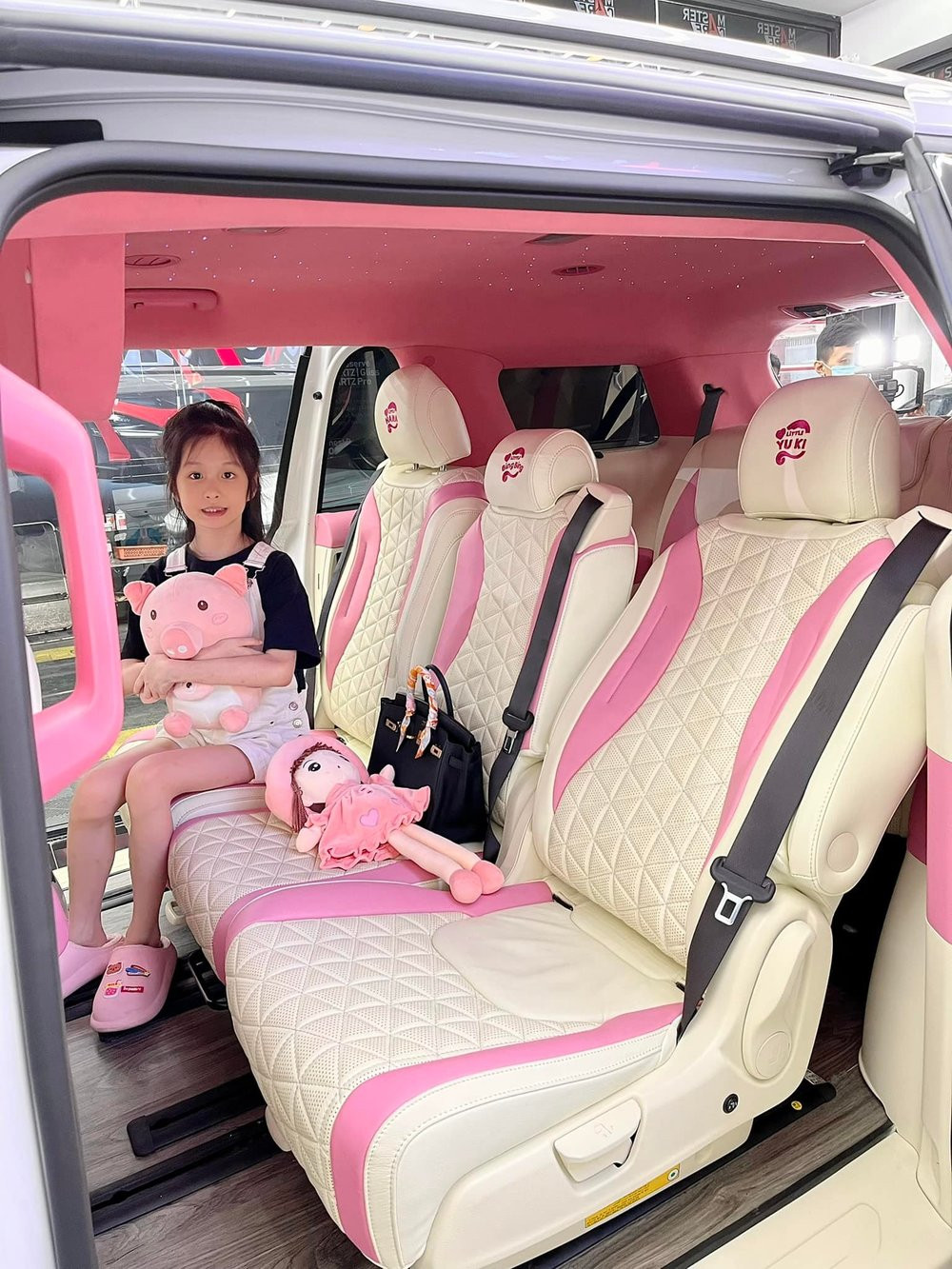 Chiếc xe có giá 1,5 tỷ đồng nhưng Di Băng phủ lại sơn màu hồng theo ý thích của các bé thêm 300 triệu đồng. Đây là món quà nữ ca sĩ tặng các con gái để dành đi siêu thị. Ảnh: FBNV