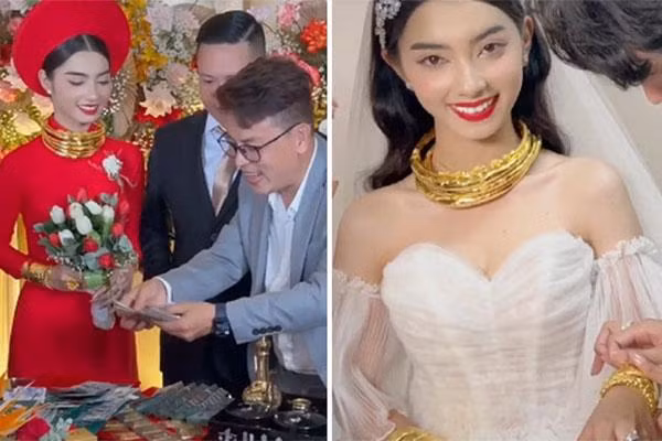 Tháng 11 vừa qua, dân mạng lại được phen "hoa mắt" trước clip quà cưới "khổng lồ" là kiềng vàng trĩu cổ, nhẫn vàng và hàng trăm triệu tiền mặt. Ảnh chụp màn hình