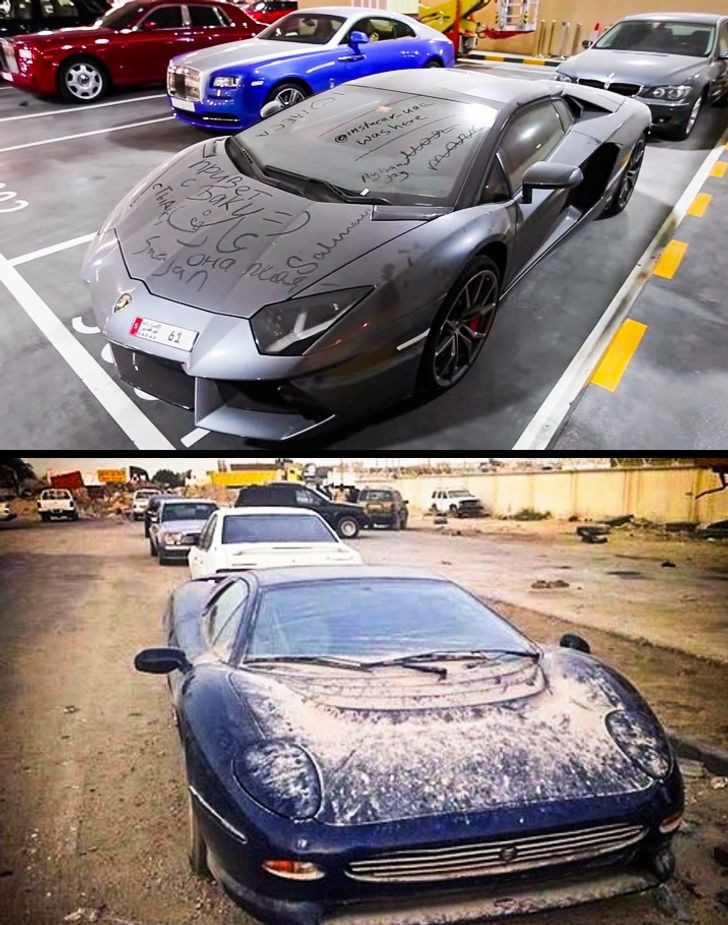 Đáng ngạc nhiên hơn, tại Dubai có thể tìm thấy hàng ngàn siêu xe bị bỏ hoang. Lý do là hầu hết chúng đều được mua trước cuộc khủng hoảng tài chính năm 2009. Khi nền kinh tế sụp đổ, nhiều người lâm vào cảnh nợ nần chồng chất, phá sản. Họ không còn lựa chọn nào khác ngoài việc bỏ xe đi để không phải nộp thuế.