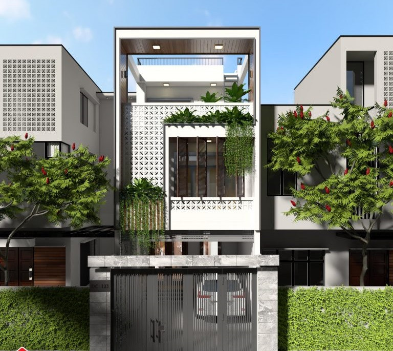 Những cánh cửa lá sách là lựa chọn tuyệt vời để tăng vẻ ngoài của mặt tiền đồng thời tạo ra một sự pha trộn hoàn hảo giữa hiện đại và cổ điển. Ảnh: Song Phát Construction