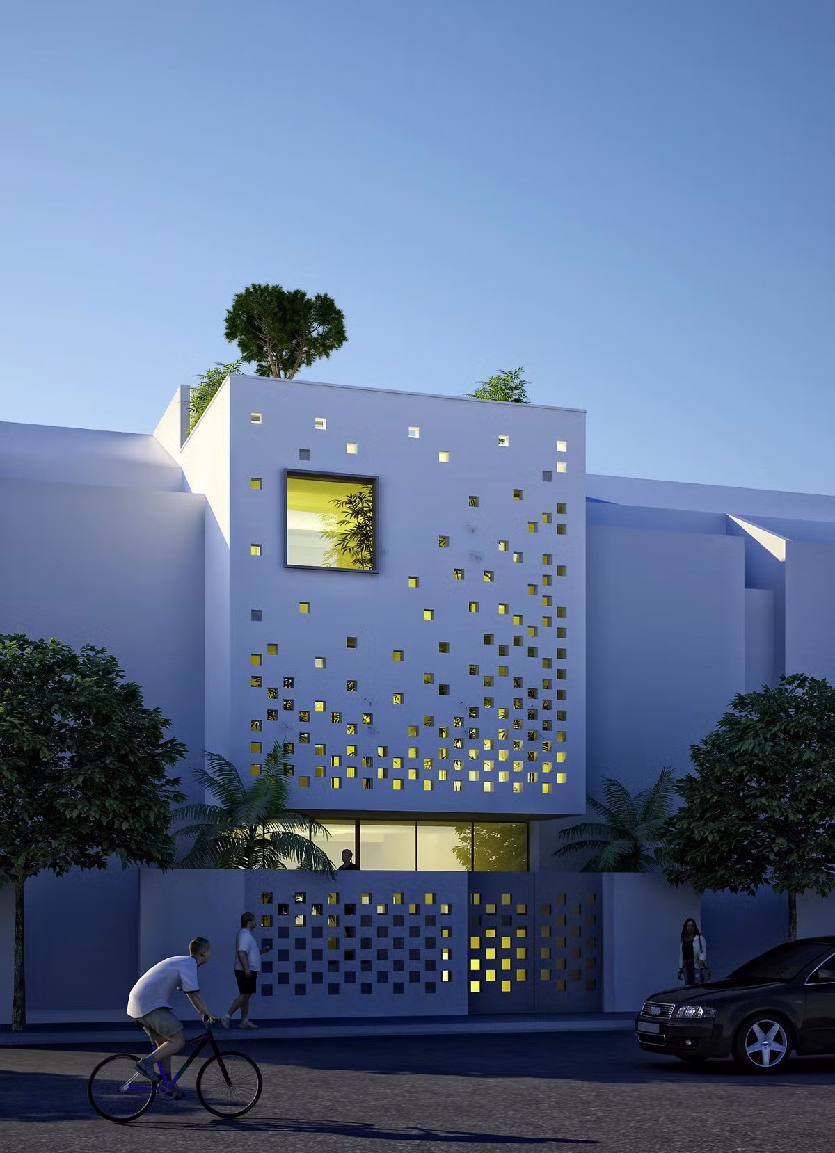 Ngôi nhà ấn tượng với những ô vuông được bố trí ngẫu nhiên xung quanh ô vuông to nhất. Ảnh: Wedo.