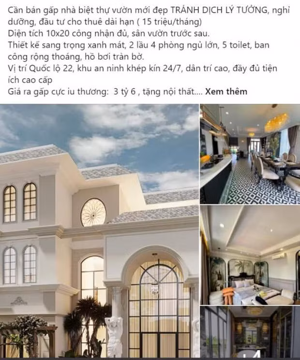 Mới đây, một trang fanpage đăng hình ảnh biệt thự của Lệ Quyên và rao bán với giá 3,6 tỷ tặng kèm nội thất. Thấy vậy, Lệ Quyên chia sẻ trên mạng xã hội cùng dòng cảm thán: "Sáng ra tôi cười vỡ bụng, lấy hình nhà tôi. 3,6 tỷ chắc cũng đủ tiền mua cái cổng".