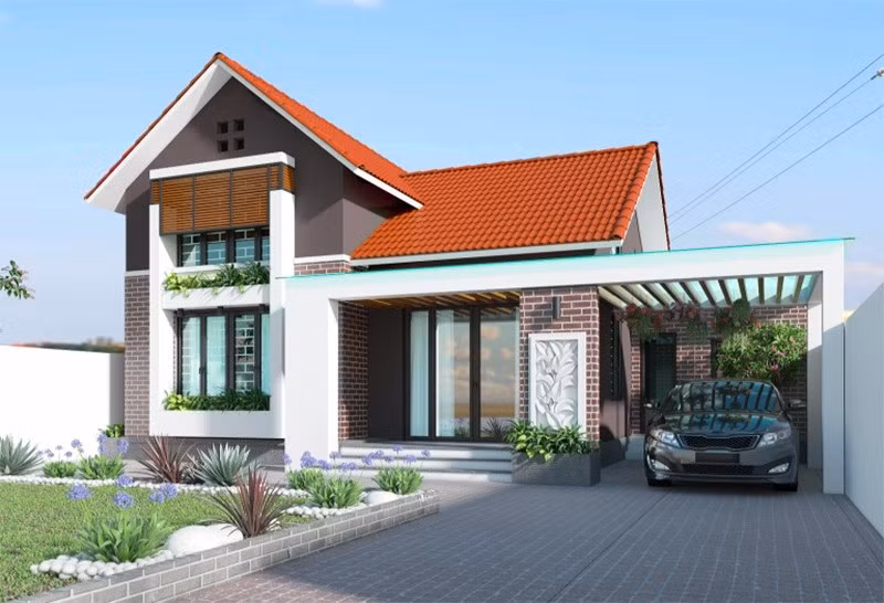 Bên cạnh mái thái xếp chồng, ngôi nhà còn nổi bật với phần ngoại thất được ốp gạch đẹp mắt. Ảnh: Wedo