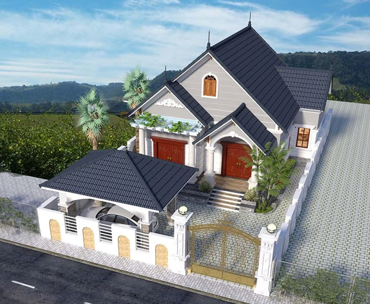 Đây là một trong những mẫu nhà cấp 4 có gara ô tô kết hợp hài hoà giữa kiểu nhà ống hiện đại với mái thái tinh tế. Ảnh: Tuvannhadep