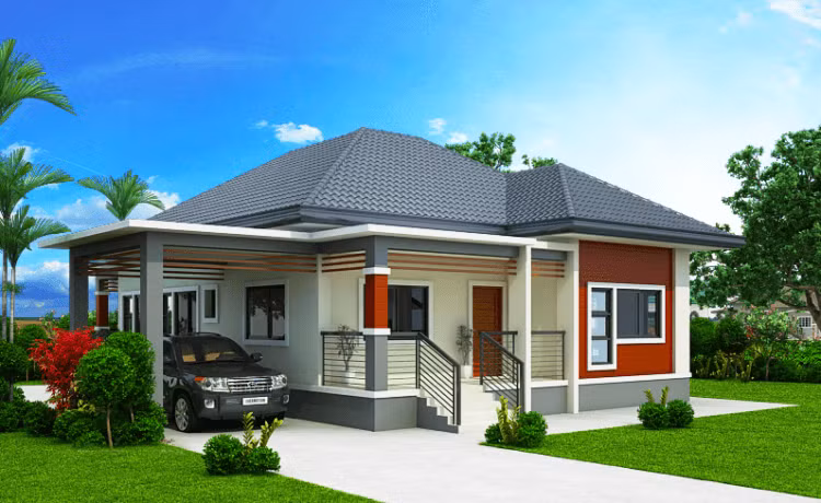 Phần gara ô tô được xây bên hông nhà. Xung quanh là khoảng sân vườn rộng rãi. Ảnh: Wedo