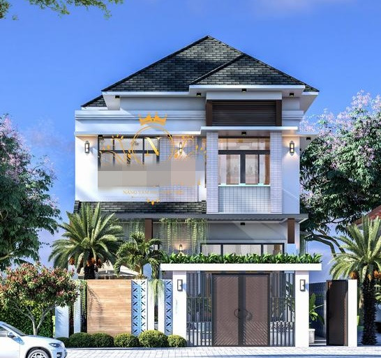 Nhà 2 tầng mái Nhật kiểu biệt thự mini gồm 4 phòng ngủ và 1 phòng thờ. Sơn tường trắng được nhấn nhá bởi các mảng đá tự nhiên màu xám. Ảnh: Thietkenhadepmoi