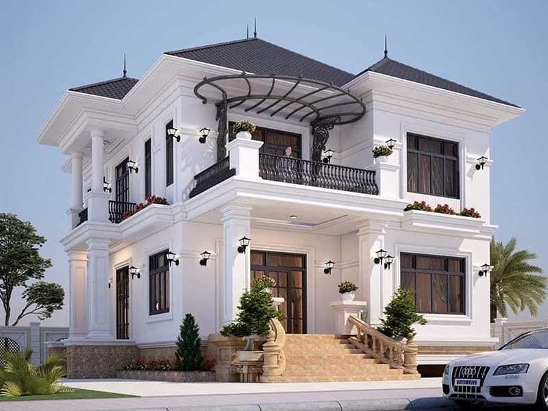 Mẫu nhà vuông 2 tầng mái Nhật được thiết kế theo phong cách đơn giản, hạn chế sử dụng các họa tiết cầu kỳ của kiến trúc truyền thống. Ảnh: Xaydunglacviet