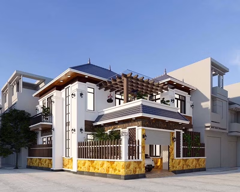 Thiết kế nhà 2 tầng với phần ban công ấn tượng. Ảnh: Xaydunglacviet