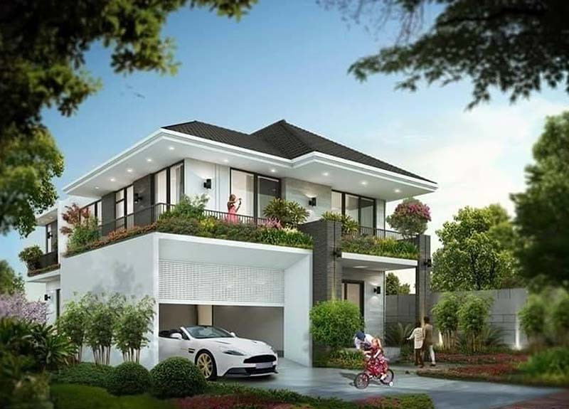 Nhà có mái kiểu Nhật kết hợp với phong cách kiến trúc hiện đại, gần gũi thiên nhiên. Ảnh: Xaydunglacviet