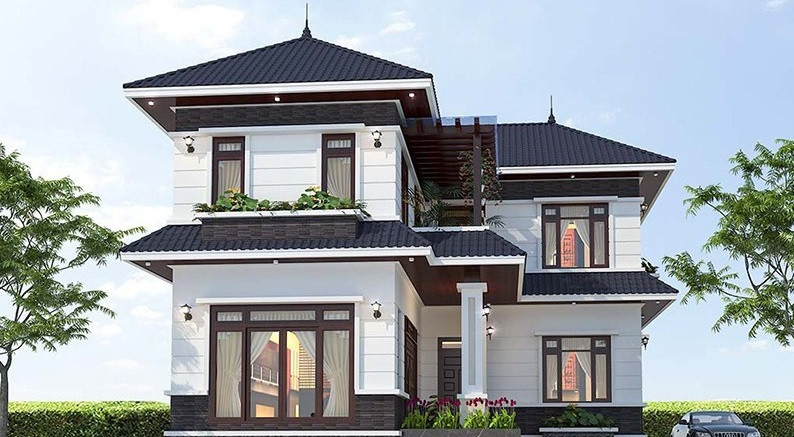 Nhà mái Nhật 2 tầng 3 phòng ngủ với ưu thế về hình khối đẹp mắt và phù hợp với khí hậu Việt Nam đang là sự lựa chọn hàng đầu của gia đình trẻ. Ảnh: Thietkenhadepaau.