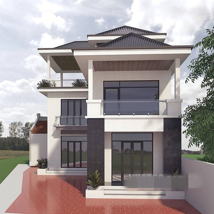 Với sự kết hợp giữa kiến trúc từ hiện đại, tân cổ điển và mái thái ngày càng trở nên phổ biến. Với nhiều điểm cộng, mái thái kết hợp kiểu chữ L trở thành mẫu nhà đẹp ở nông thôn. Ảnh: Nha360