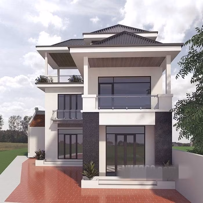 Với sự kết hợp giữa kiến trúc từ hiện đại, tân cổ điển và mái thái ngày càng trở nên phổ biến. Với nhiều điểm cộng, mái thái kết hợp kiểu chữ L trở thành mẫu nhà đẹp ở nông thôn. Ảnh: Nha360