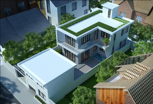 Nhà chữ L 2 tầng mái bằng đẹp phong cách hiện đại, khá đơn giản nên không mất nhiều thời gian, công sức và chi phí xây dựng. Ảnh: Kientrucsuvietnam