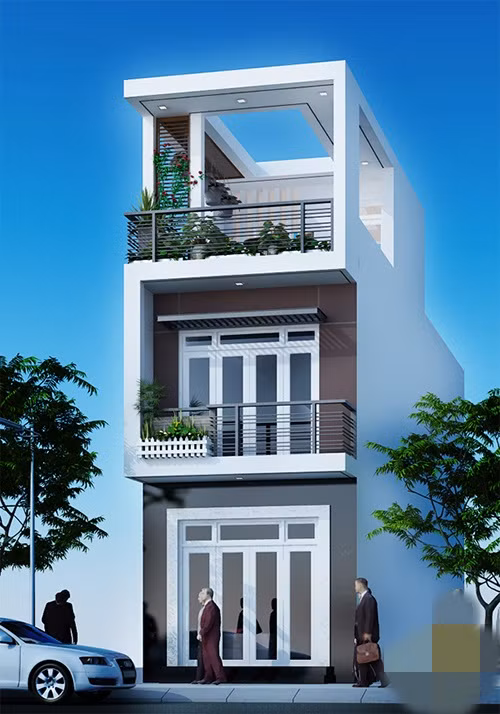 Nhà 3 tầng mái bằng thiết kế sang trọng, gồm 3 phòng ngủ, 1 phòng thờ, 1 sân phơi, 1 sân thượng và sân trước rộng rãi. Ảnh: Xaydungvuan.