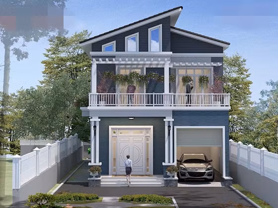 Nhà 2 tầng mái xéo mang phong cách biệt thự tân cổ điển, có 3 phòng ngủ. Ảnh: Angcovat