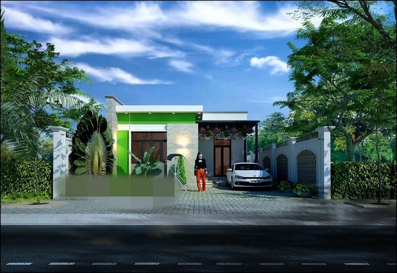 Nhà cấp 4 chữ L mái bằng ngang 8m có sân để ô tô. Bên trong thiết kế 3 phòng ngủ và phòng khách kết hợp phòng thờ. Ảnh: Thietkenhadepmoi