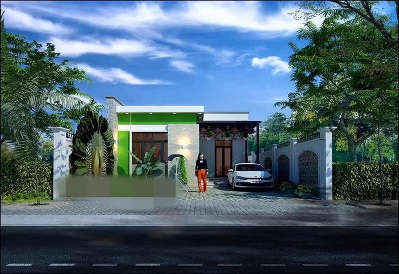 Nhà cấp 4 chữ L mái bằng ngang 8m có sân để ô tô. Bên trong thiết kế 3 phòng ngủ và phòng khách kết hợp phòng thờ. Ảnh: Thietkenhadepmoi