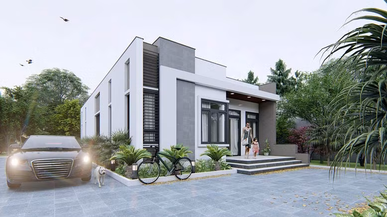 Mẫu nhà cấp 4 mái bằng sở hữu kiến trúc ngoại thất bắt mắt trẻ trung. Mặt tiền ngôi nhà toát lên vẻ hiện đại bởi kính cường lực, tấm gỗ công nghiệp trang trí. Ảnh: Giabaogroup