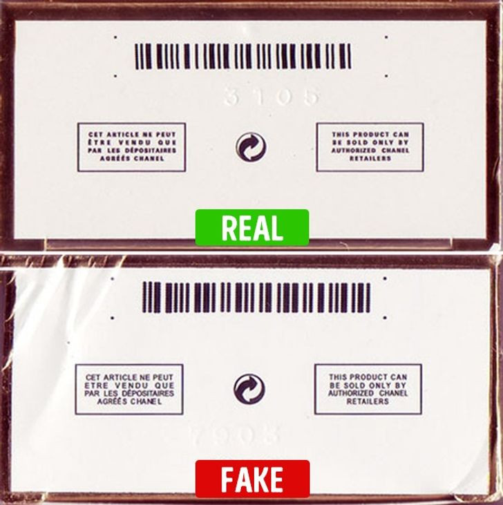 Một trong những cách phân biệt nước hoa thật và giả là kiểm tra bao bì. Nước hoa thật thường có giấy bóng kính khá dày và được gấp lại hoàn hảo để có thể bám chặt vào hộp. Trái lại, giấy bóng kính được bọc không đúng cách là một dấu hiệu nhận biết của nước hoa giả.