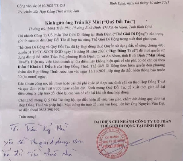 Chu cho The gioi Di dong thue mat bang: 