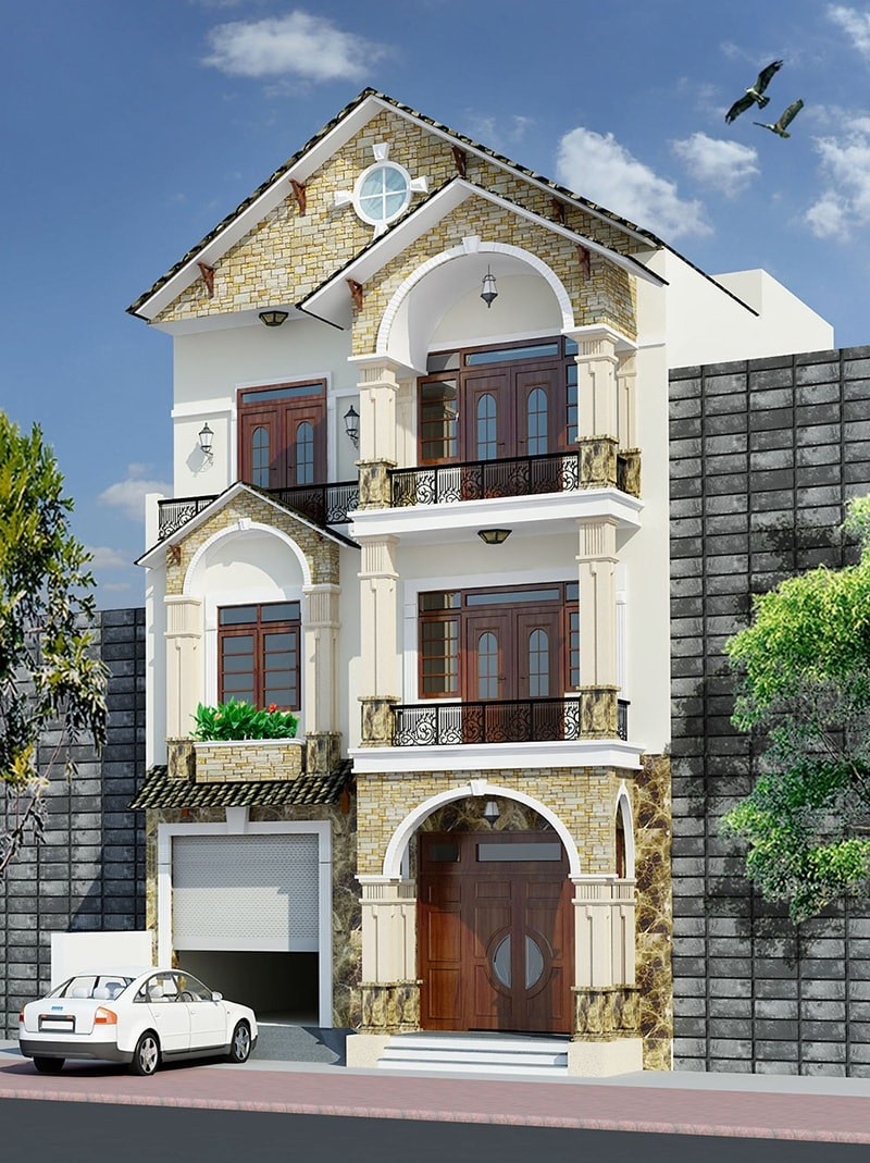 Mặt tiền ốp đá vừa tạo sức hút vừa tăng sự bề thế trong thiết kế. Ảnh; Wedo