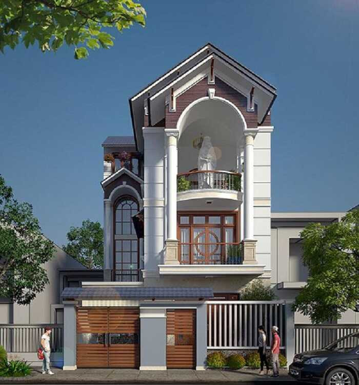 Nhà ống 3 tầng mái thái nổi bật với màu sơn trắng chủ đạo kết hợp những đường nét kiến trúc vừa mộc mạc vừa hiện đại. Ảnh: Kientruccuonggiahieu.