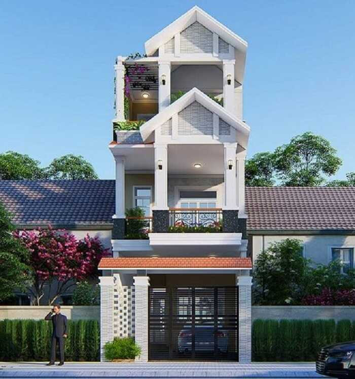 Nhà ống 3 tầng gây sốt năm nay với sự kết hợp mái thái đầy lạ mắt. Hệ thống cột vuông và tròn đan xen như một thể thống nhất với nhau. Ảnh: Kientruccuonggiahieu.