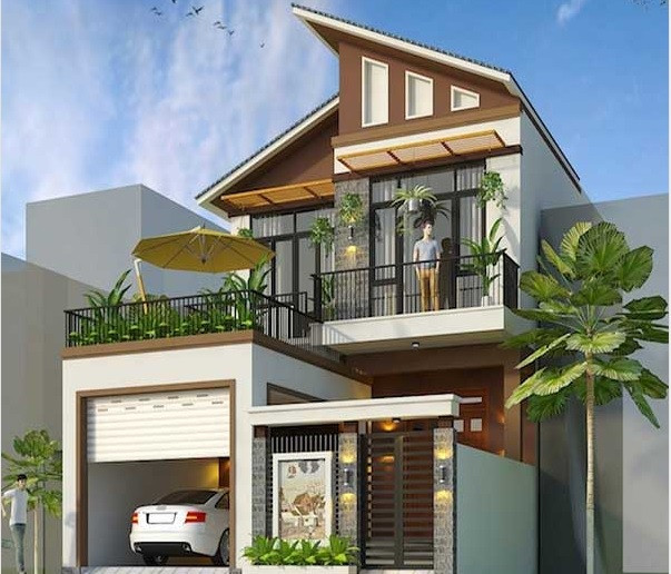 Nhà 2 tầng thiết kế theo phong cách mái lệch mới lạ, phá cách. Khu vực tầng hầm nơi đỗ xe thuận tiện của gia đình vào cuối ngày. Ảnh: Xaydungso.