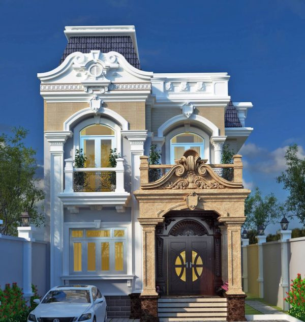 Mẫu nhà 2 tầng mang kiến trúc cổ điển tạo nên một sự giàu sang và đẳng cấp. Hệ thống cửa bằng chất liệu gỗ càng tôn lên sự cao sang và quyền quý của ngôi nhà. Ảnh: Wedo.