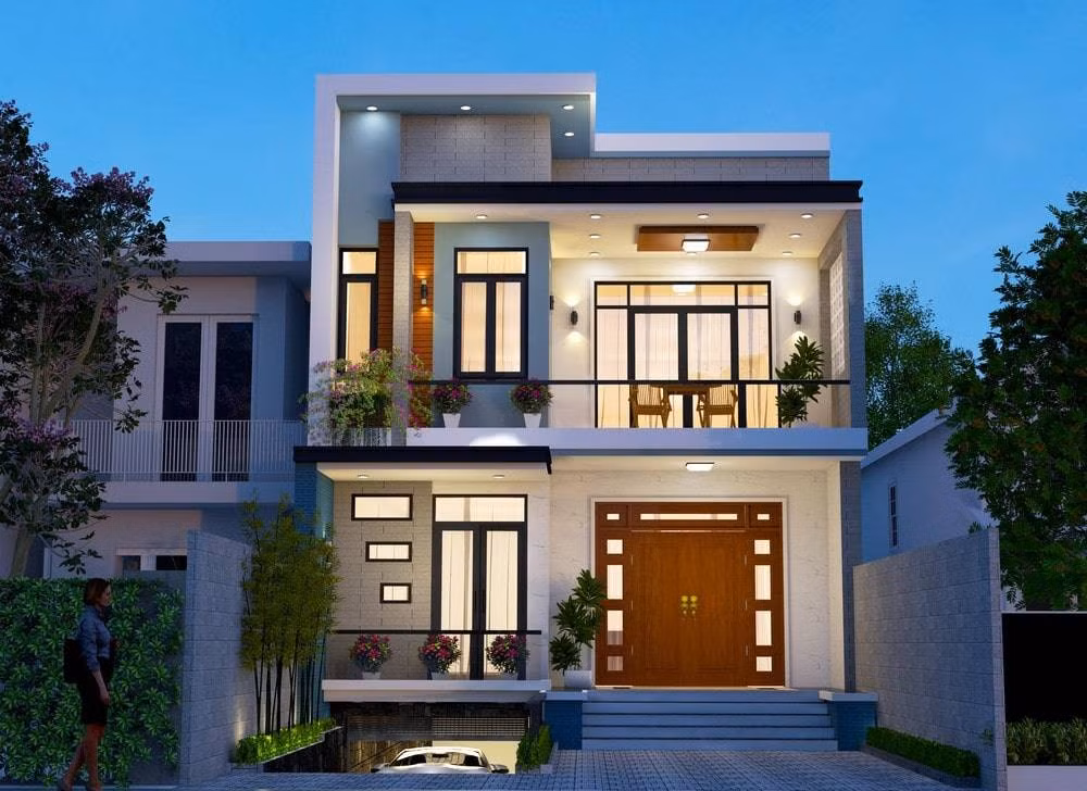 Mẫu nhà 2 tầng 1 hầm ấn tượng sử dụng kiến trúc vuông vắn với đường nét khỏe khoắn. Nhờ có tầng hầm mà căn nhà trở lên thoáng đãng, cao ráo hơn. Ảnh: Wedo