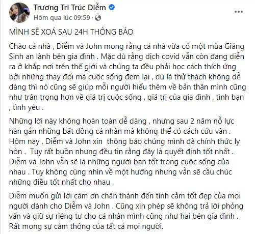 Sau gần nửa năm thông báo tạm dừng hoạt động nghệ thuật và sang Mỹ định cư, mới đây, trên Facebook cá nhân Hoa hậu Trúc Diễm tuyên bố ly hôn với chồng doanh nhân. Ảnh chụp màn hình