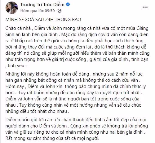 Sau gần nửa năm thông báo tạm dừng hoạt động nghệ thuật và sang Mỹ định cư, mới đây, trên Facebook cá nhân Hoa hậu Trúc Diễm tuyên bố ly hôn với chồng doanh nhân. Ảnh chụp màn hình