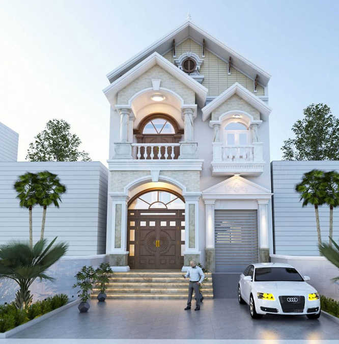 Nhà 2 tầng có ban công bằng bê tông thiết kế khá đơn giản, nhưng lại được trang trí khá tỉ mỉ. Ảnh: Wedo