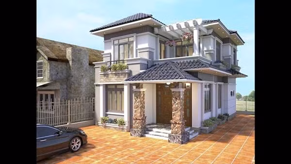 Mẫu biệt thự 2 tầng thu nhỏ có ban công thiết kế cầu kỳ. Ảnh: Xaydungso