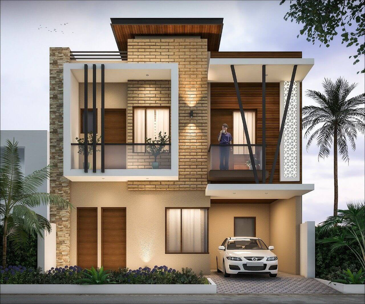 Ngoài kim loại, nhà 2 tầng có ban công bằng kính cường lực đang trở thành xu hướng mới nổi hiện nay. Ảnh: Wedo