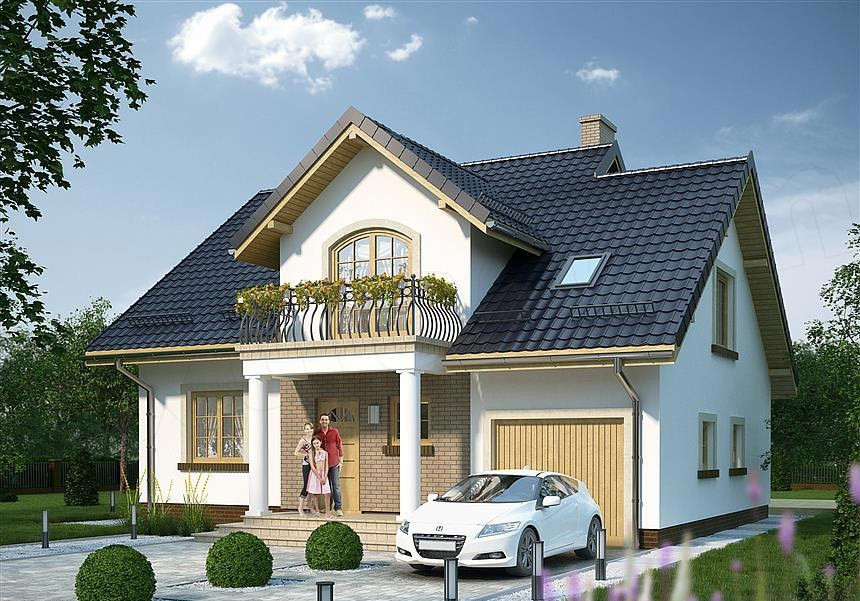 Mẫu nhà cấp 4 mái thái ghi điểm nhờ hình khối vững chãi. Phần mái được thiết kế với các ô ngói kính lấy sáng cho các phòng chức năng trên tầng lửng. Ảnh: Wedo.